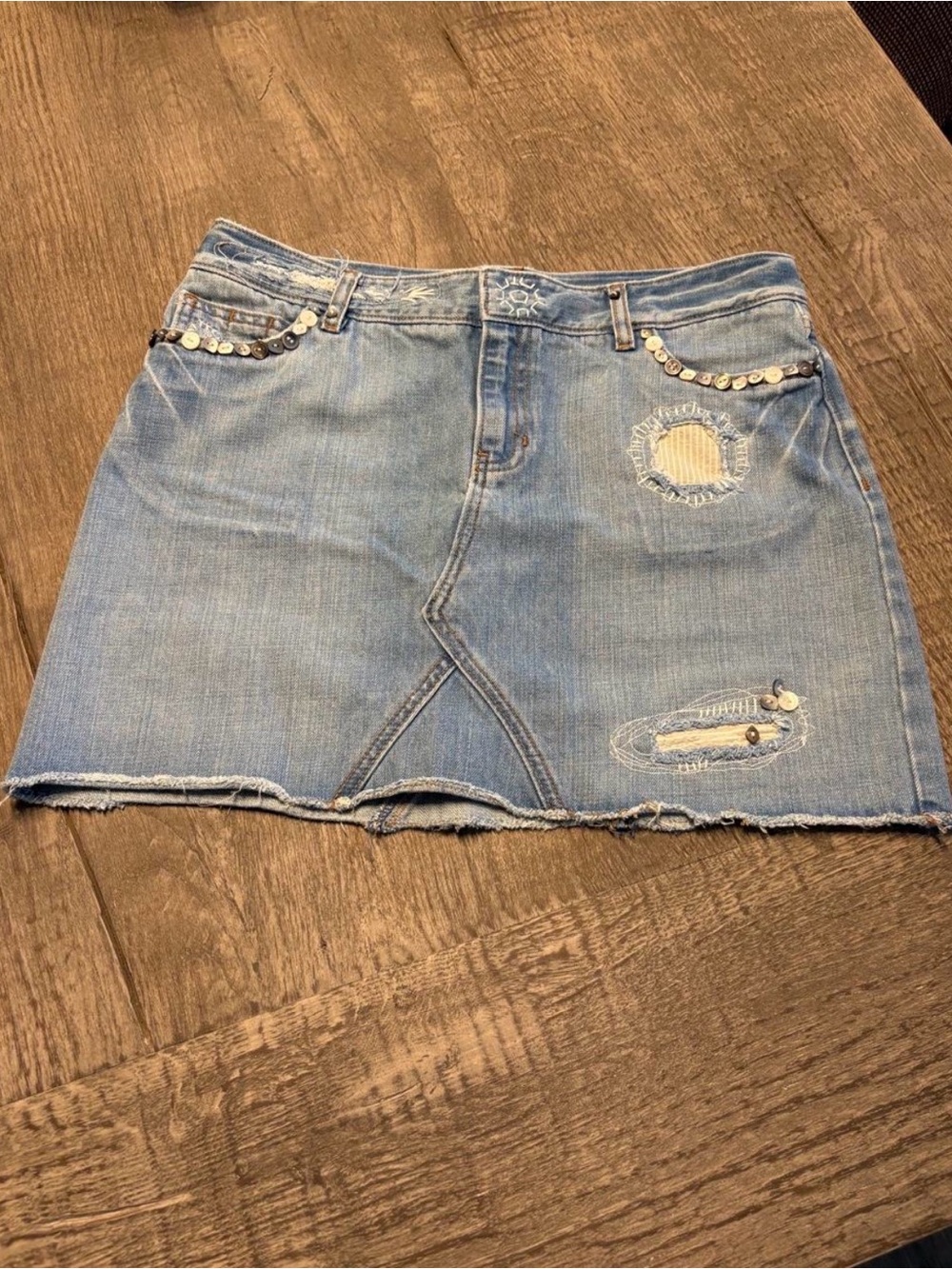 GAP Light Blue Distressed Denim Mini Skirt with Super Cute Vintage Accents
